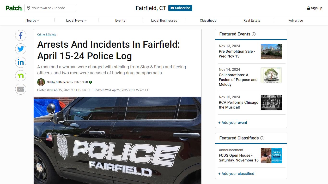 Arrests And Incidents In Fairfield: April 15-24 Police Log