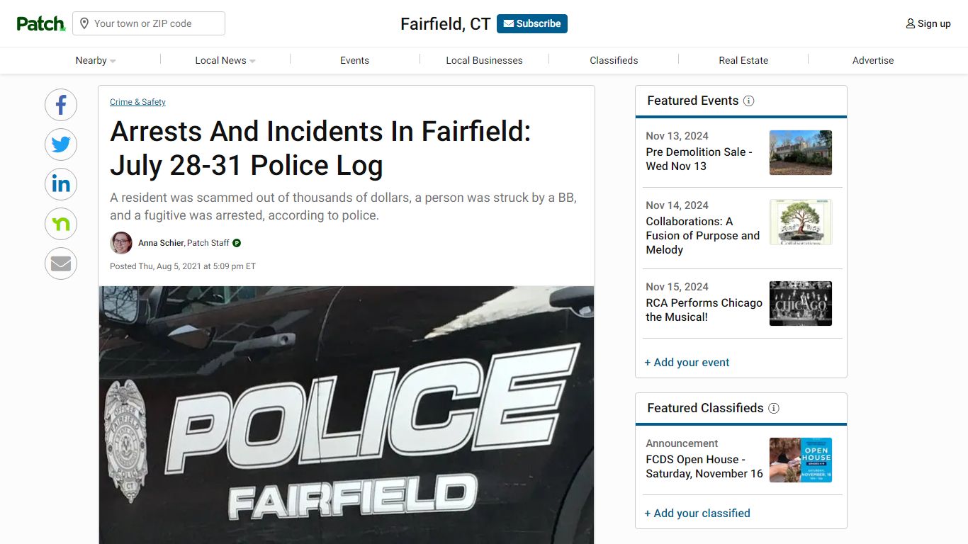 Arrests And Incidents In Fairfield: July 28-31 Police Log